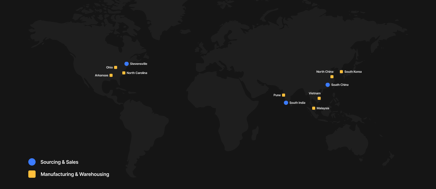 MMI global operations map showing sourcing and manufacturing locations worldwide